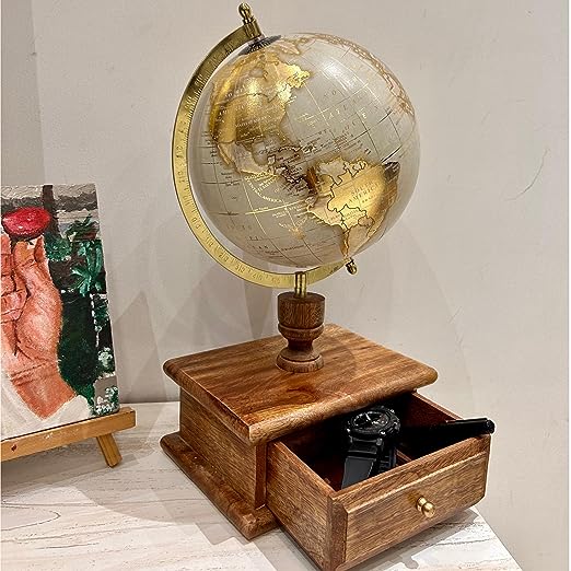 Cream 8 inch Home Decor Rotating World Globe with Wooden Stand
