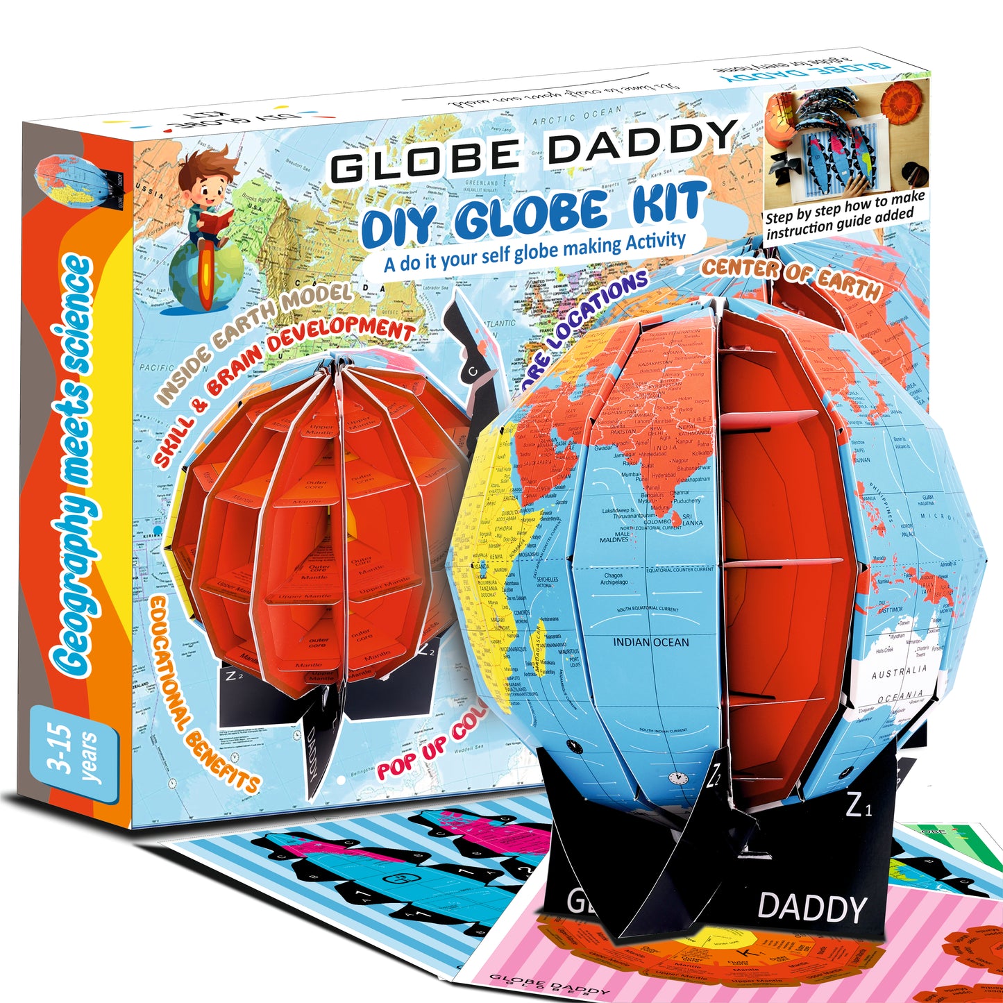 DIY World Globe Kit for Kids – 3D Buildable Educational Toy with Earth Core Layers – Geography Model for Students Ages 3-15 – STEM Learning for Home & Classroom