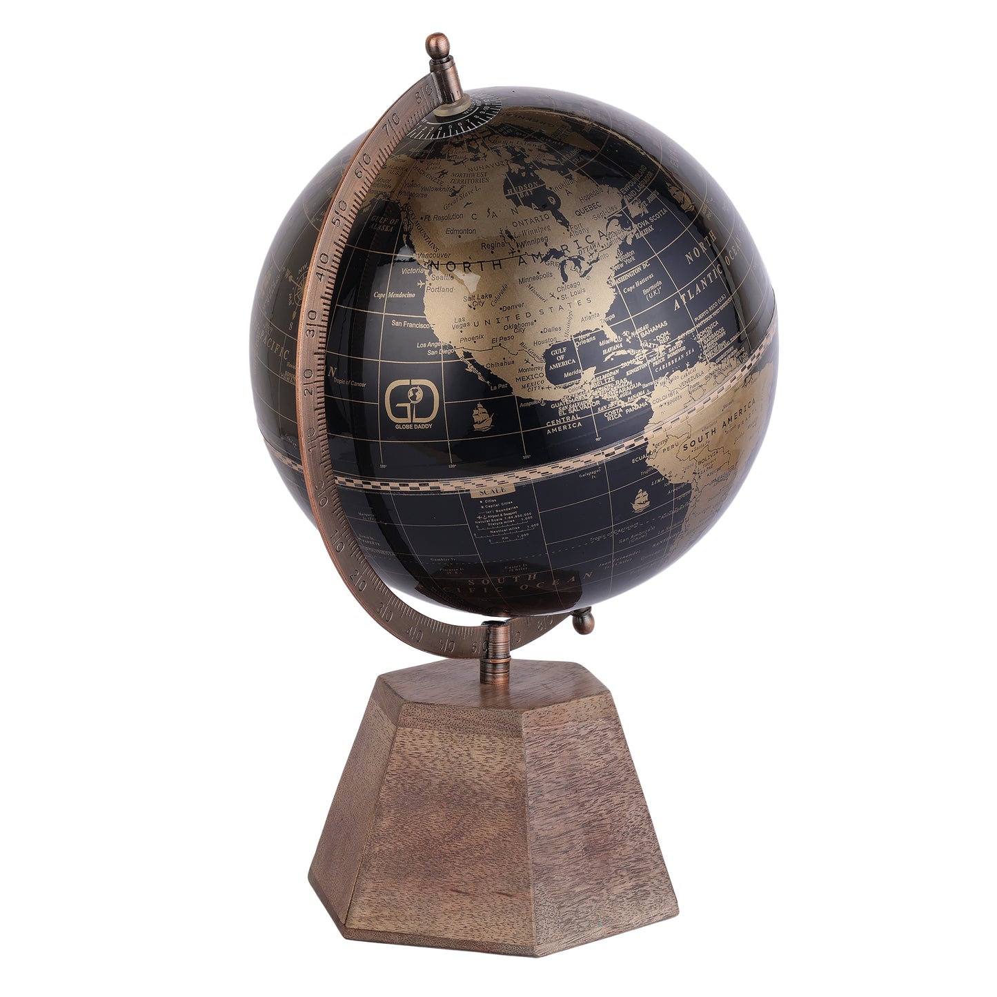 Black Gold Globe with Antique Copper Arc and Pyramid Style Wooden Stand