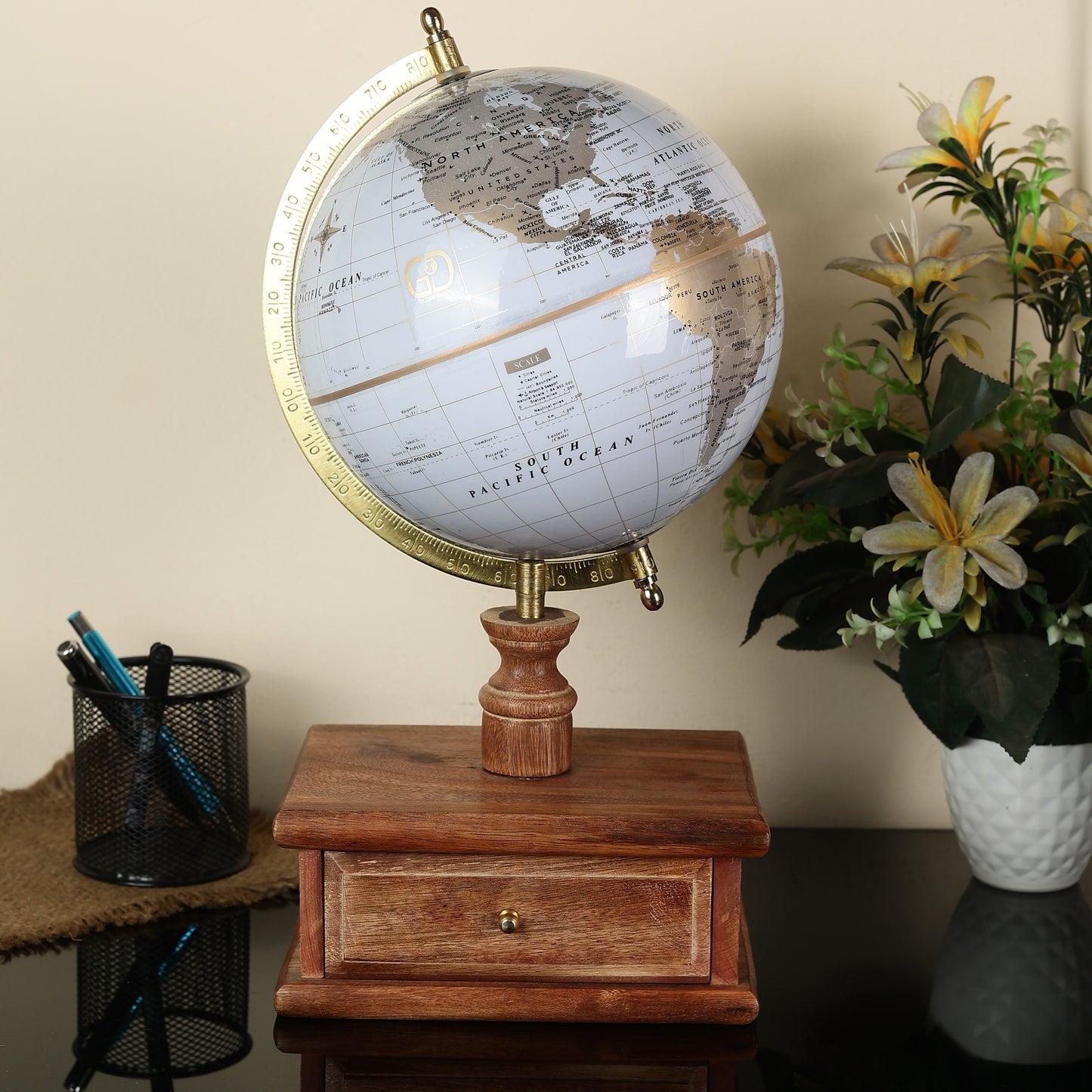 White Gold World Globe with Wooden Drawer Base