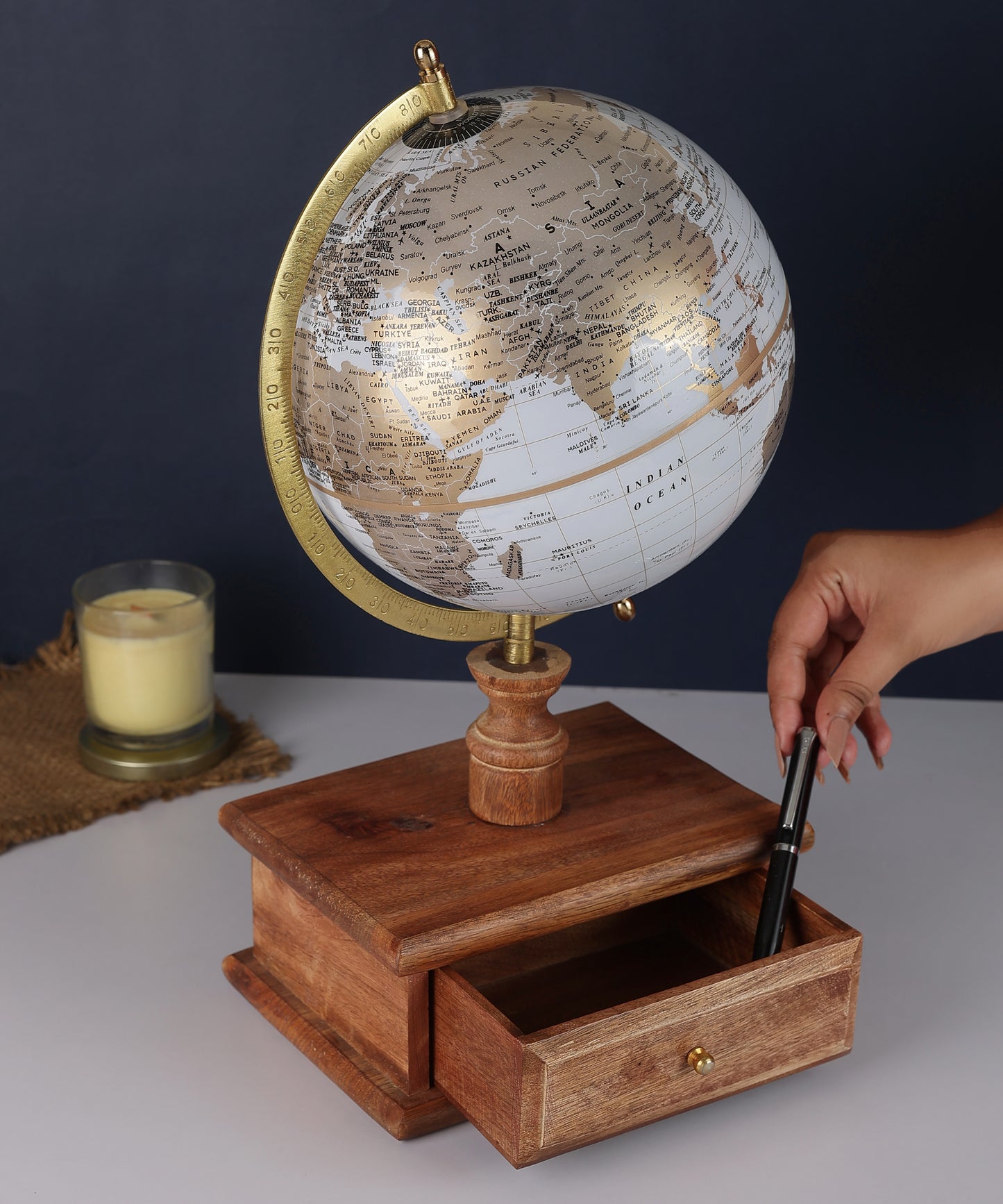 White Gold World Globe with Wooden Drawer Base