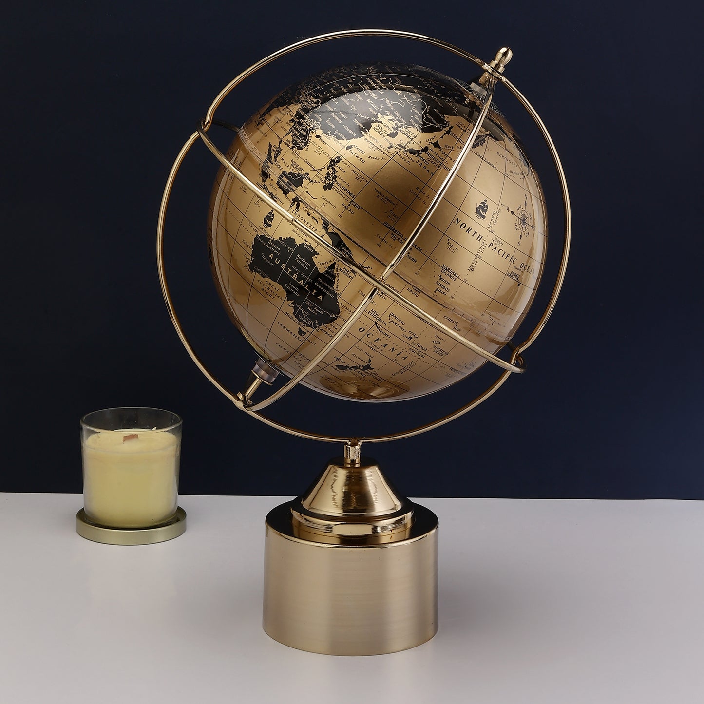 World Globe with Gold Ring and Metal Cylinder Base