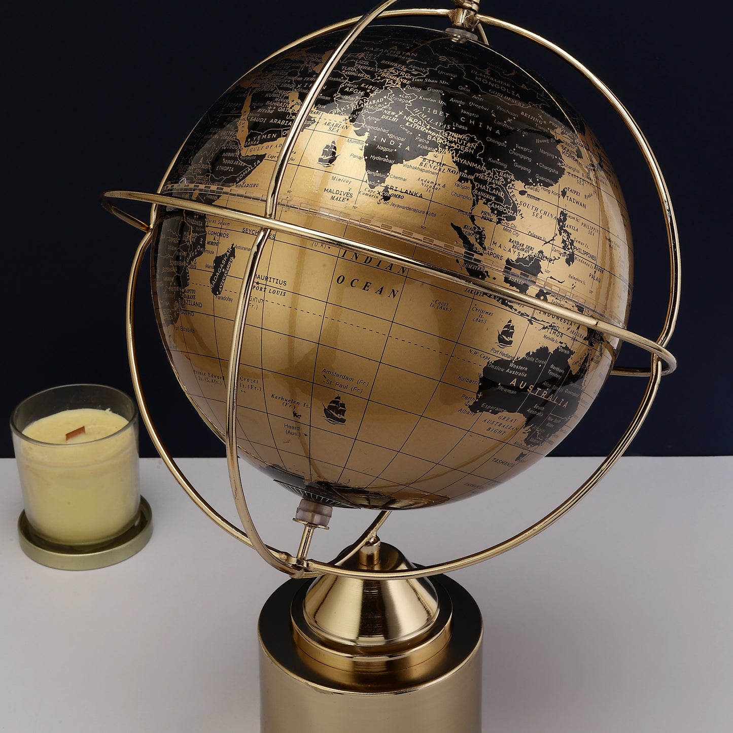 World Globe with Gold Ring and Metal Cylinder Base