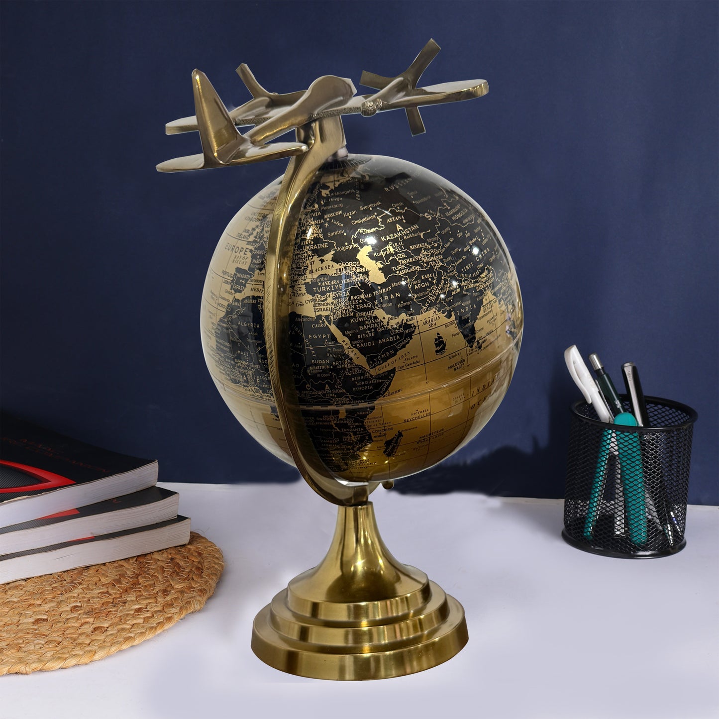 Gold Black World Globe 8 Inch with Golden Airplane Stand