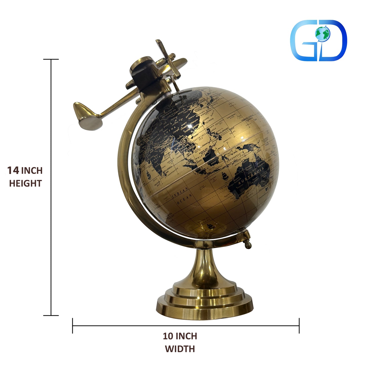 Gold Black World Globe 8 Inch with Golden Airplane Stand