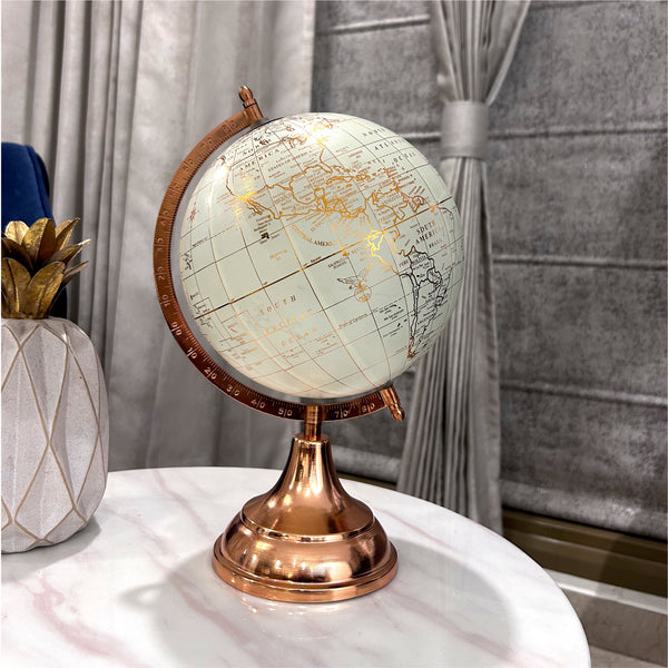 White 8 inch Home Decor Rotating World Globe with Modren Gold Metal Stand