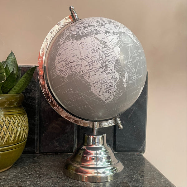 Grey & White 8 inch Home Decor Rotating World Globe with Metal Round Stand