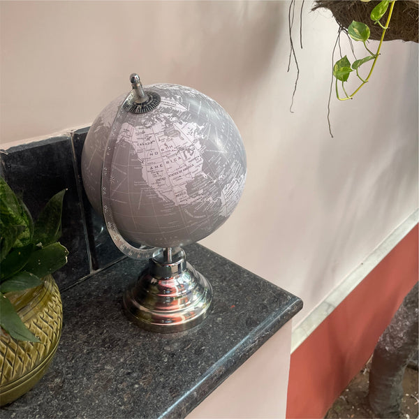 Grey & White 8 inch Home Decor Rotating World Globe with Metal Round Stand