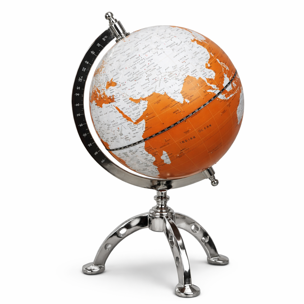 Orange Political World Globe with Chrome Silver Meridian and Tripod Stand