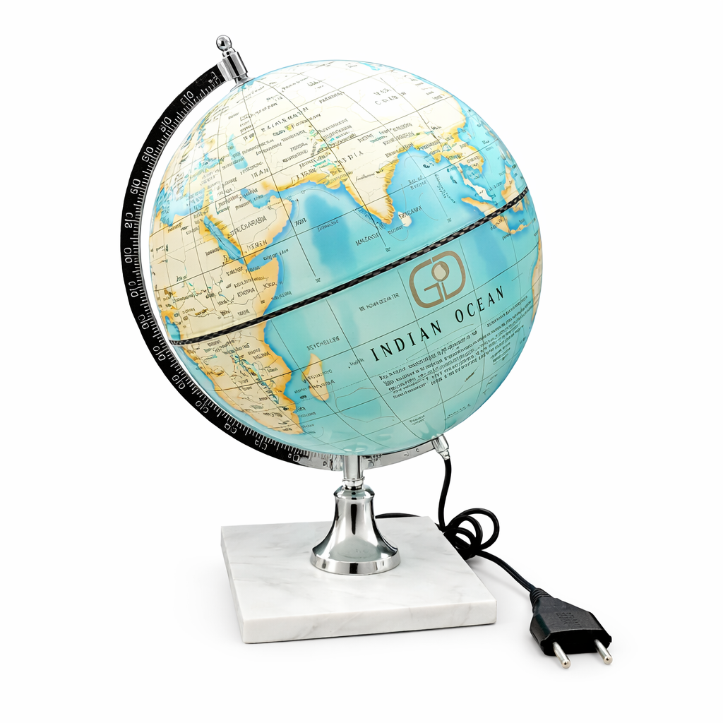 Ocean Blue Political World Globe with Chrome Meridian and White Marble Base