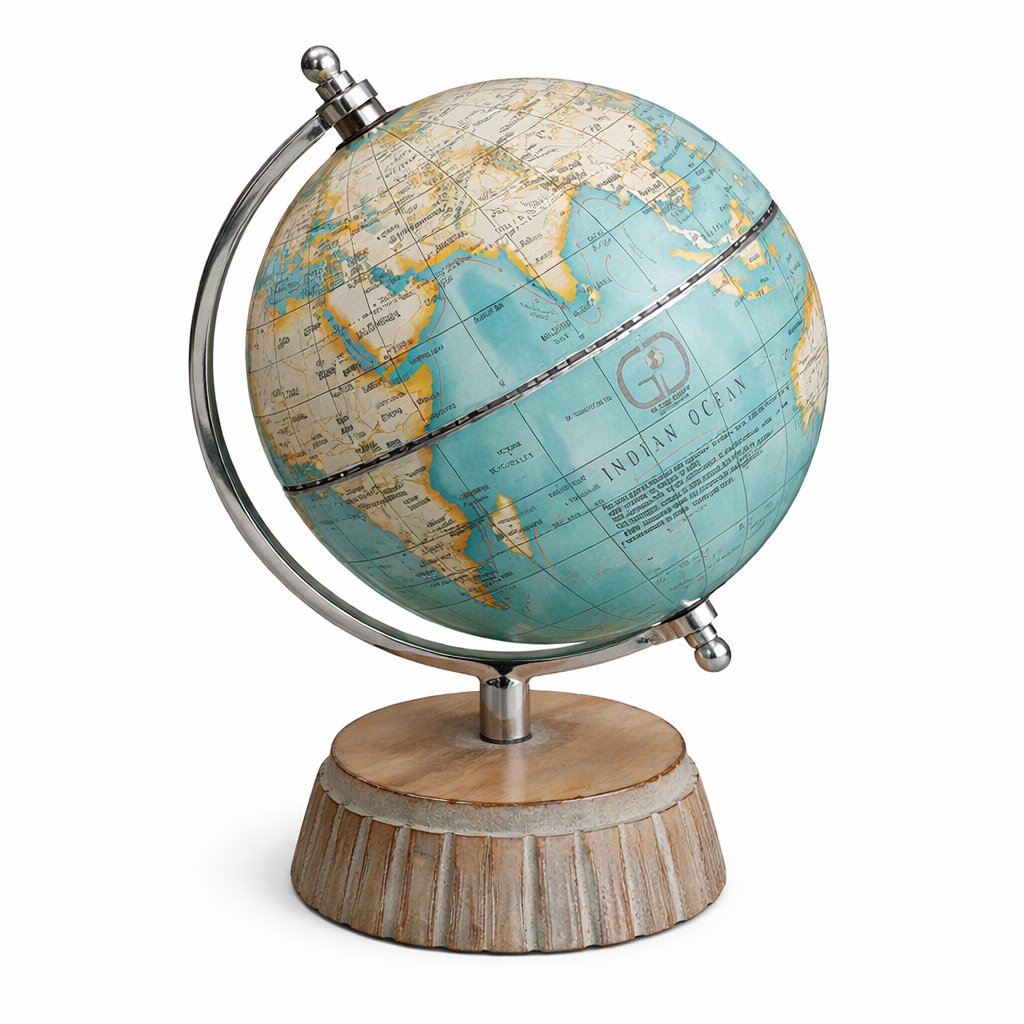 Vintage Blue World Globe with Chrome Meridian & Wood Base