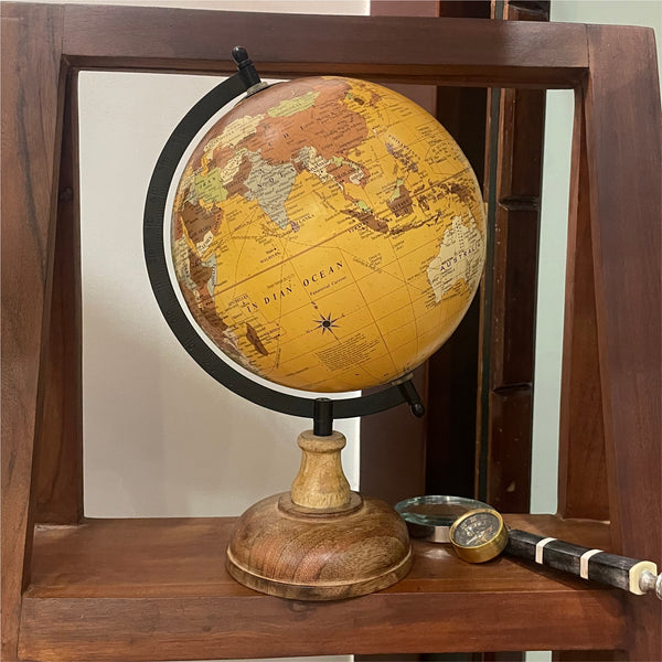Yellow Brown 8 inch Home Decor Antique Rotating World Globe with Wood Round Stand