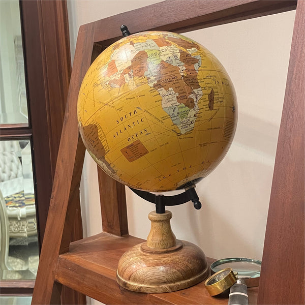 Yellow Brown 8 inch Home Decor Antique Rotating World Globe with Wood Round Stand