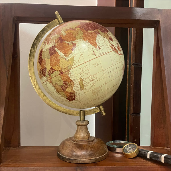 Yellow 8 inch Home Decor Antique Rotating World Globe with Wood Round Stand