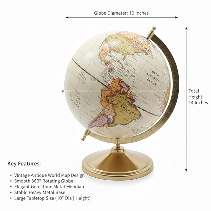 Royal Cream Globe with Metal Gold Plated Stand | Premium Desk & Office Decorative Globe | Antique Finish Educational World Map Globe for Home, Study & Gifting 10 inch