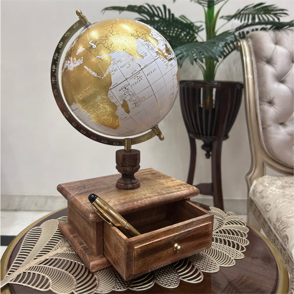 White 8 inch Home Decor Rotating World Globe with Wooden Stand
