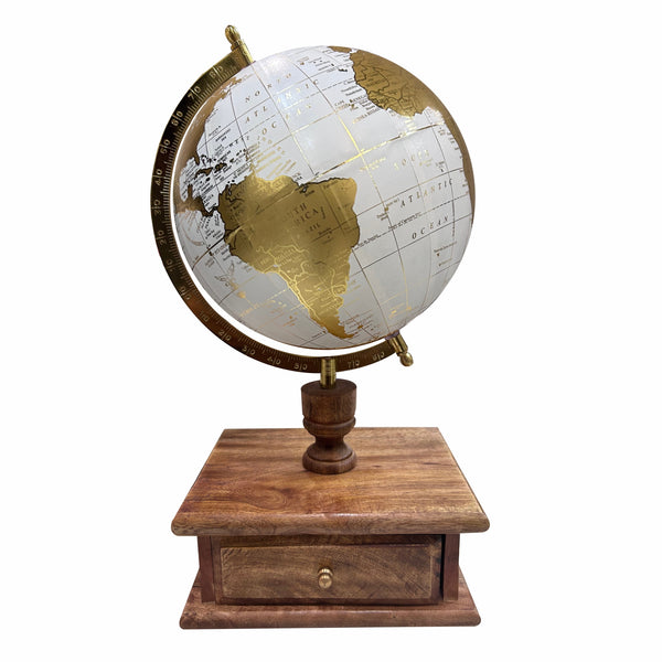 White 8 inch Home Decor Rotating World Globe with Wooden Stand