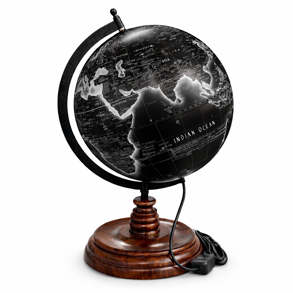 Illuminated Black Political World Globe with Wooden Base
