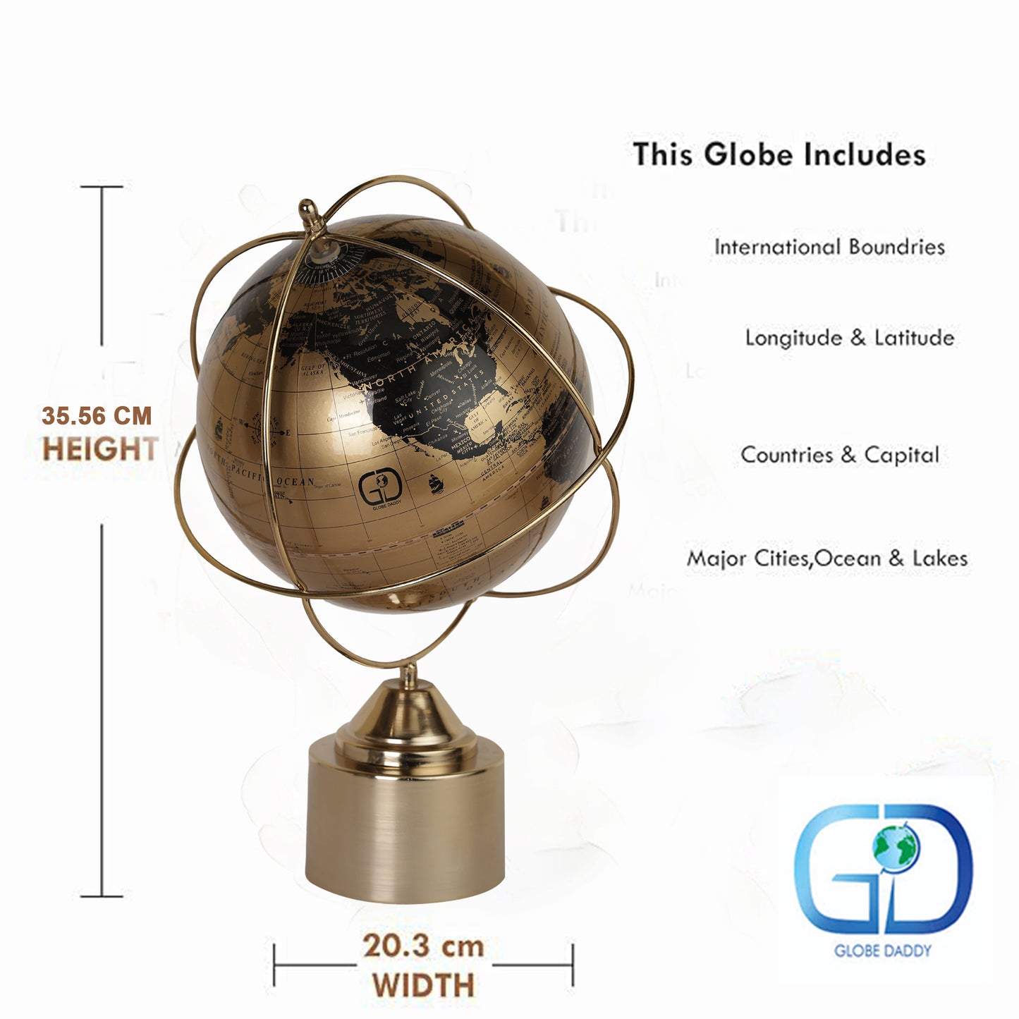 World Globe with Gold Ring and Metal Cylinder Base
