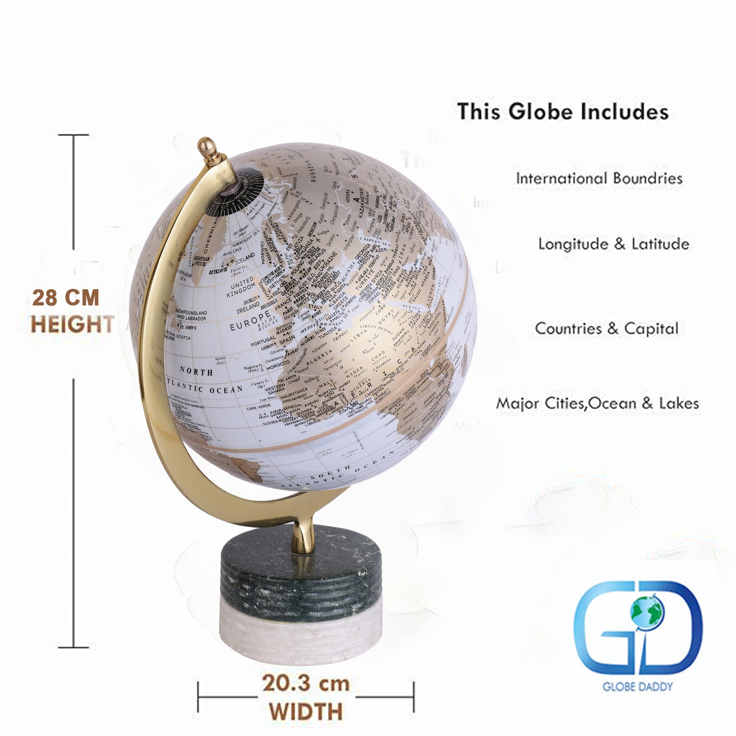 World Globe with Aluminium Arc and Marble Base
