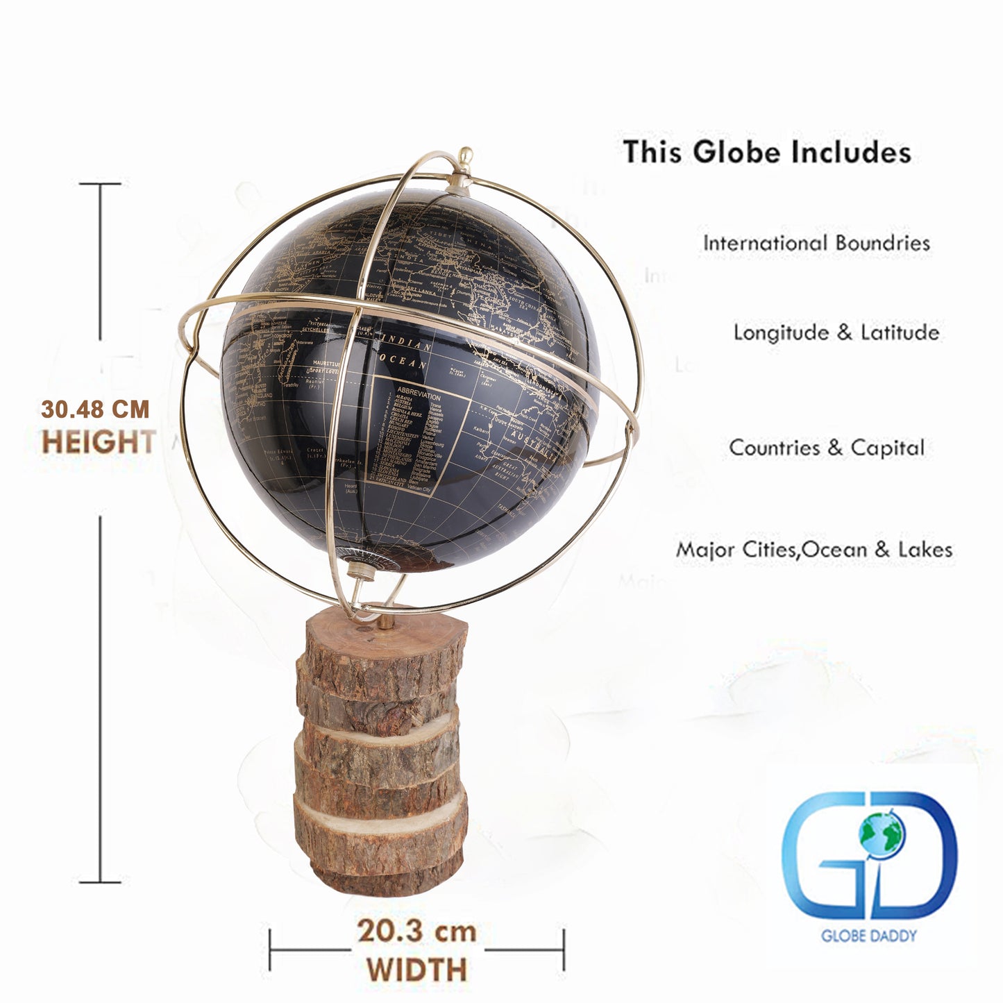 Aesthetic World Globe with Gold Ring and Natural Barktree Base