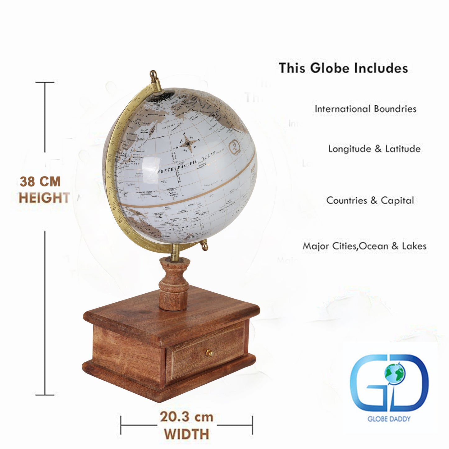 White Gold World Globe with Wooden Drawer Base