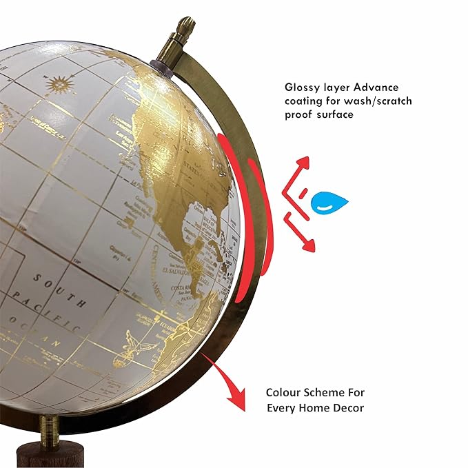 GLOBE DADDY- Educational Décorative Globe Revolving Drawer With Metallic Arc & Wooden Base Rotating Globe FOR HOME DÉCOR/GIFT ITEM/STUDY(8 inch,white and gold)