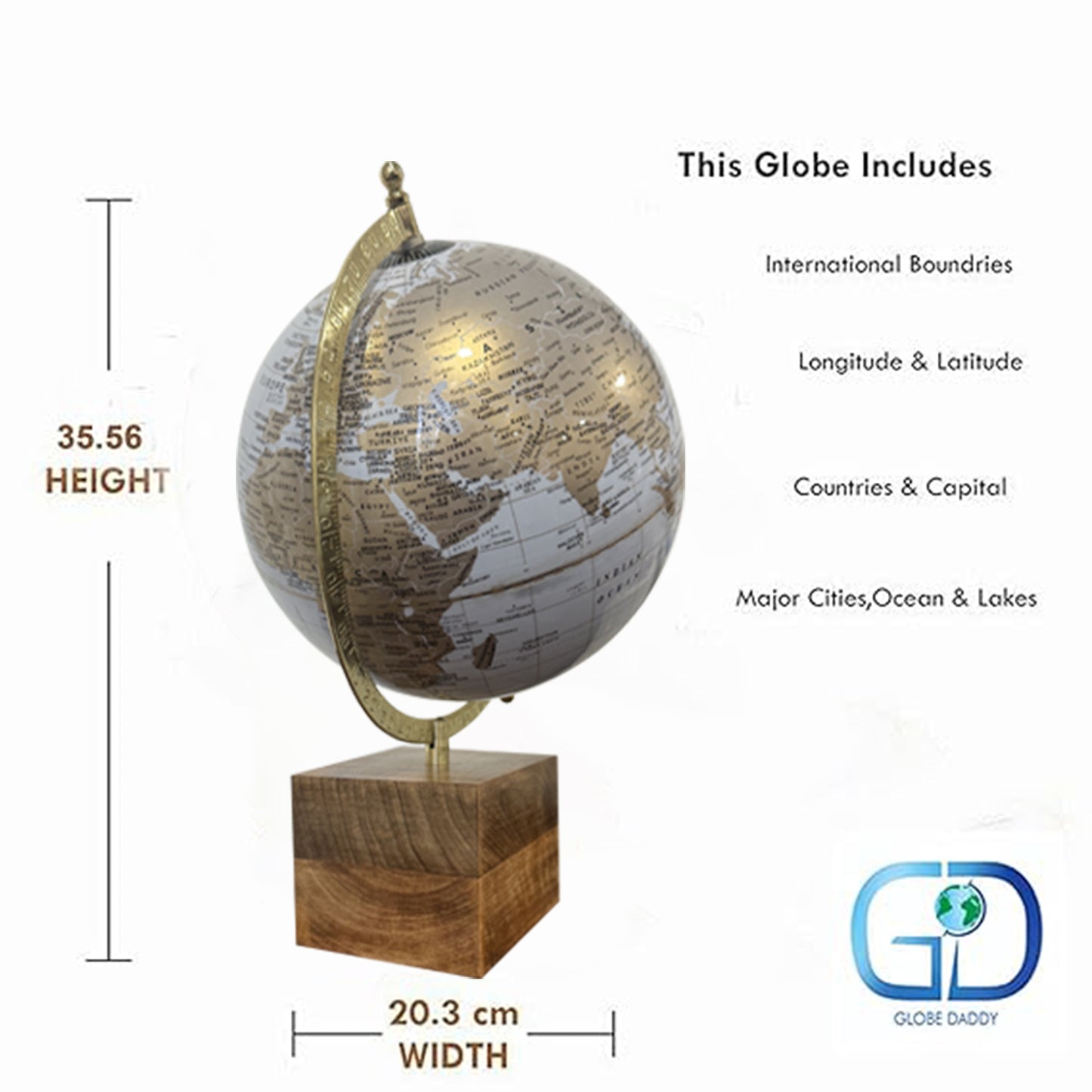 GLOBE DADDY 8 Inch Rotating World Globe with Metal Arc and Wooden Base for Office Table, Geography Learning, Studio or Cafe Decoration, Unique Gifts, Birthday and Anniversary Gift.