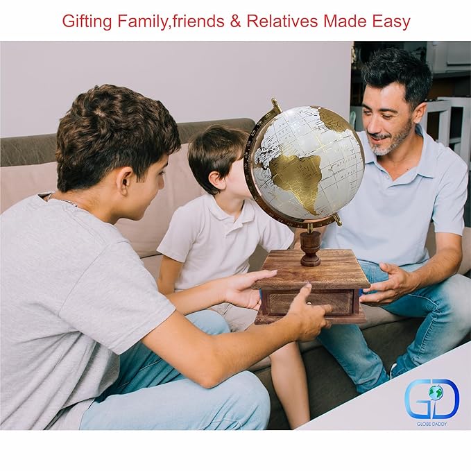 GLOBE DADDY- Educational Décorative Globe Revolving Drawer With Metallic Arc & Wooden Base Rotating Globe FOR HOME DÉCOR/GIFT ITEM/STUDY(8 inch,white and gold)