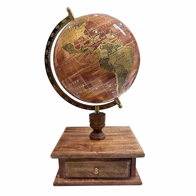 GLOBE DADDY 8 Inches Gold Foil Stamp Map With Wood Texture Decorative Spinning World Globe with Wooden Storage Drawer for Home Decor & Office Table,Corprate Gift Item,Student Globe