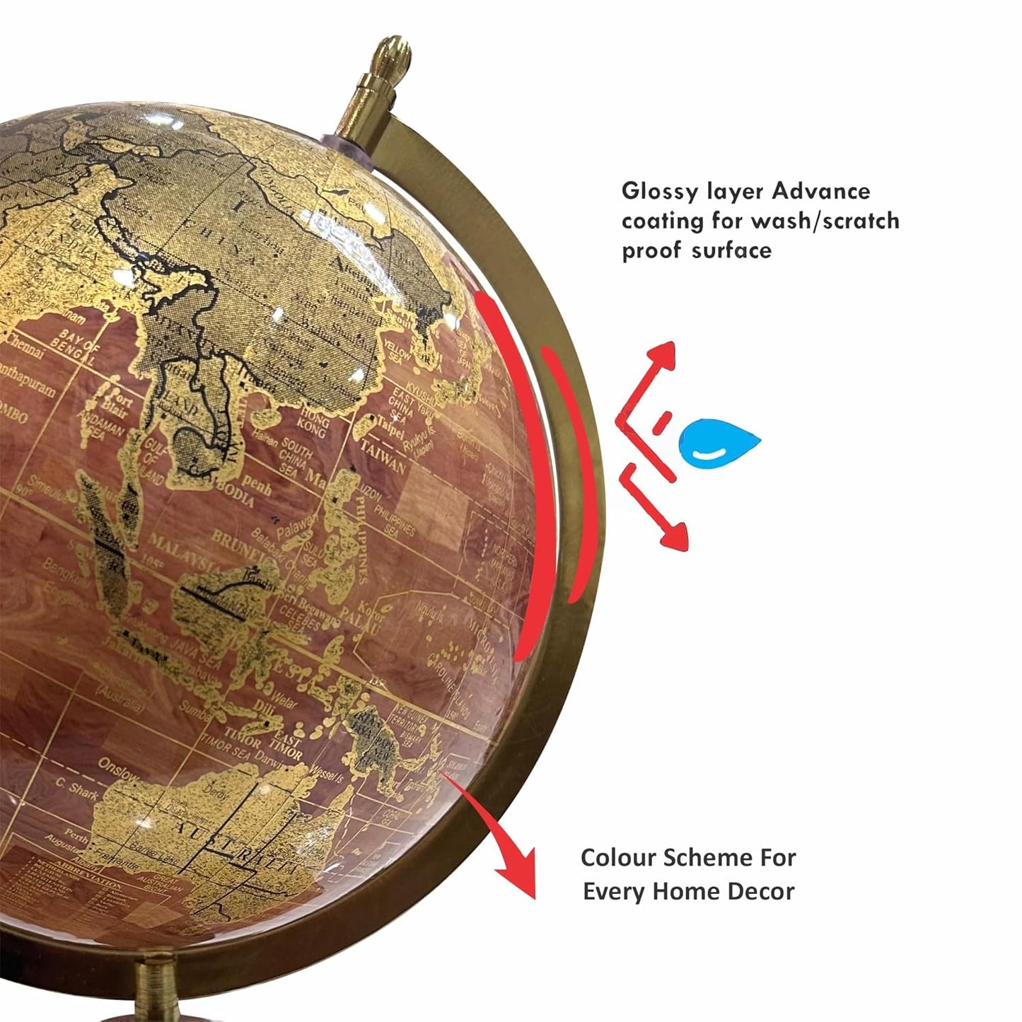 GLOBE DADDY 8 Inches Gold Foil Stamp Map With Wood Texture Decorative Spinning World Globe with Wooden Storage Drawer for Home Decor & Office Table,Corprate Gift Item,Student Globe