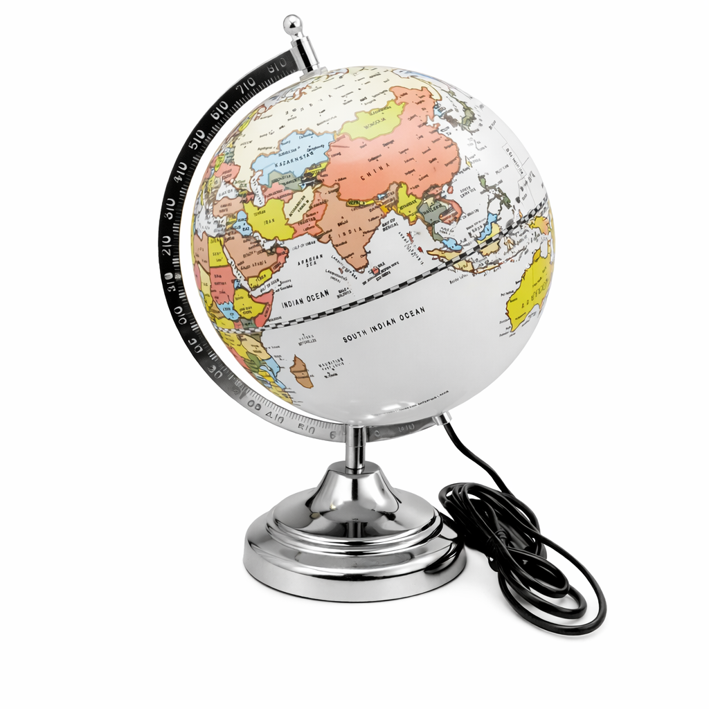 Illuminated Political World Globe with Chrome Stand – Modern Lamp Globe