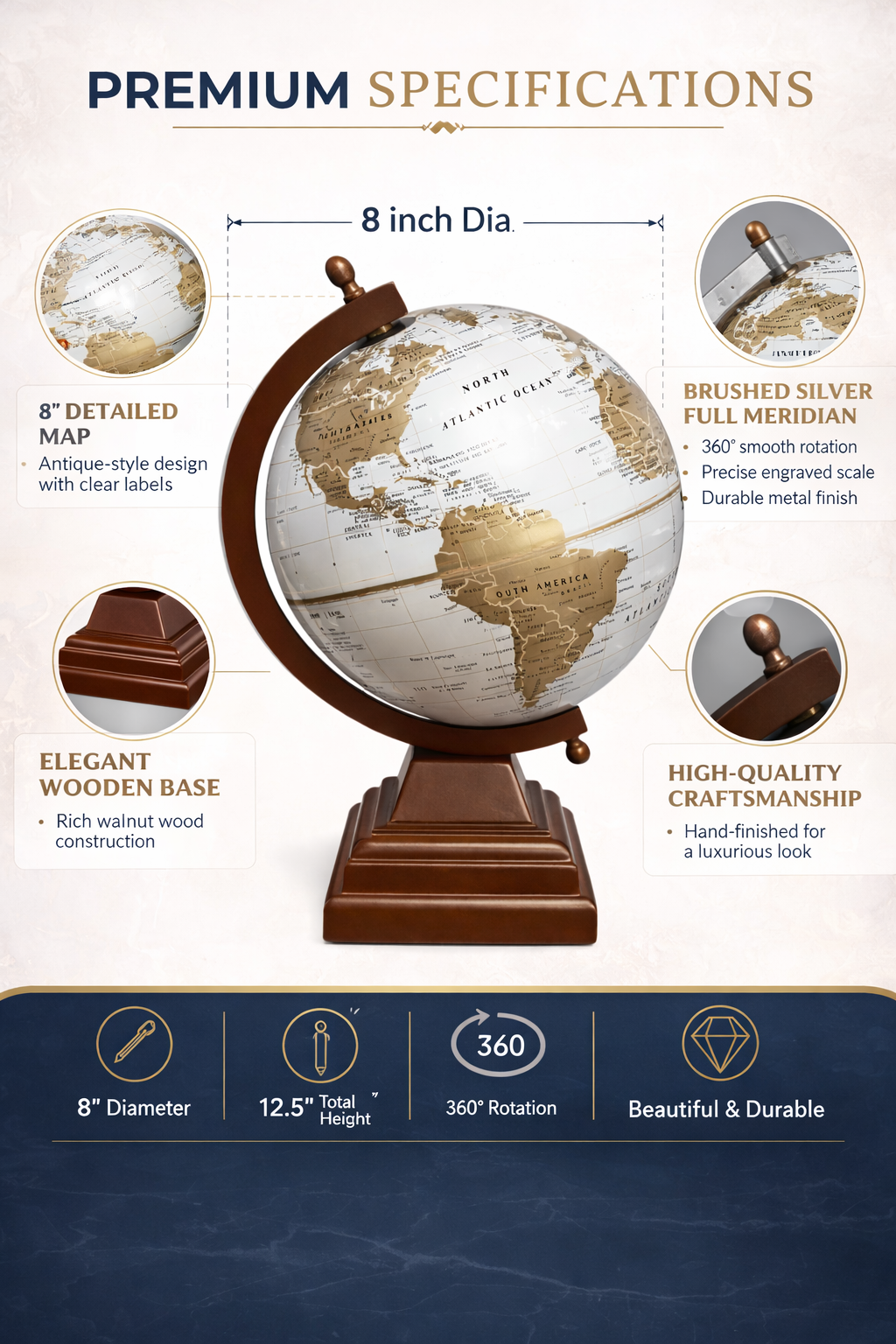 Premium 8” Decorative World Globe with Wooden Base – Antique Style Desk Globe for Office & Study, Educational Geography Globe