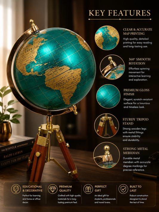 Luxury Vintage World Globe on Wooden Tripod Stand | Premium Rotating Globe for Home & Office Decor | Educational Desktop World Map Globe