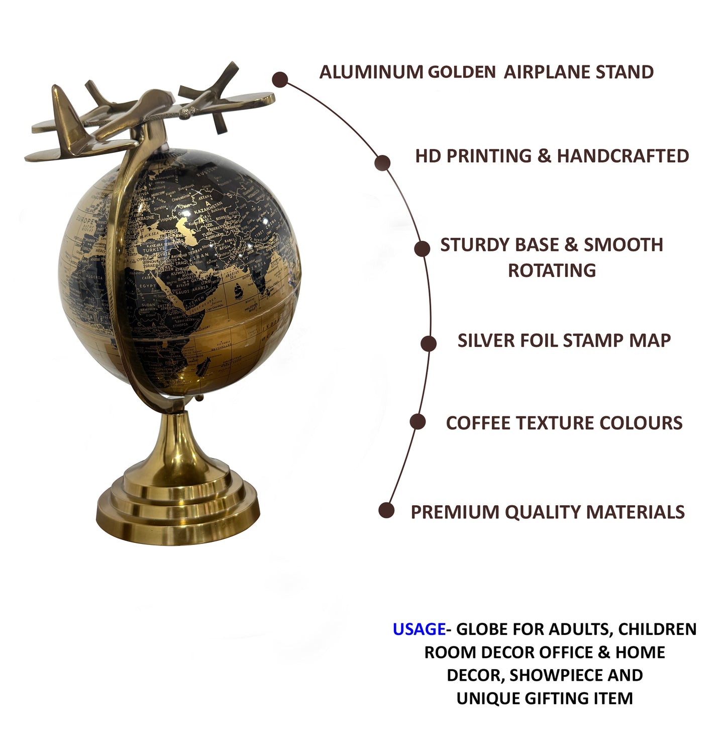 Gold Black World Globe 8 Inch with Golden Airplane Stand