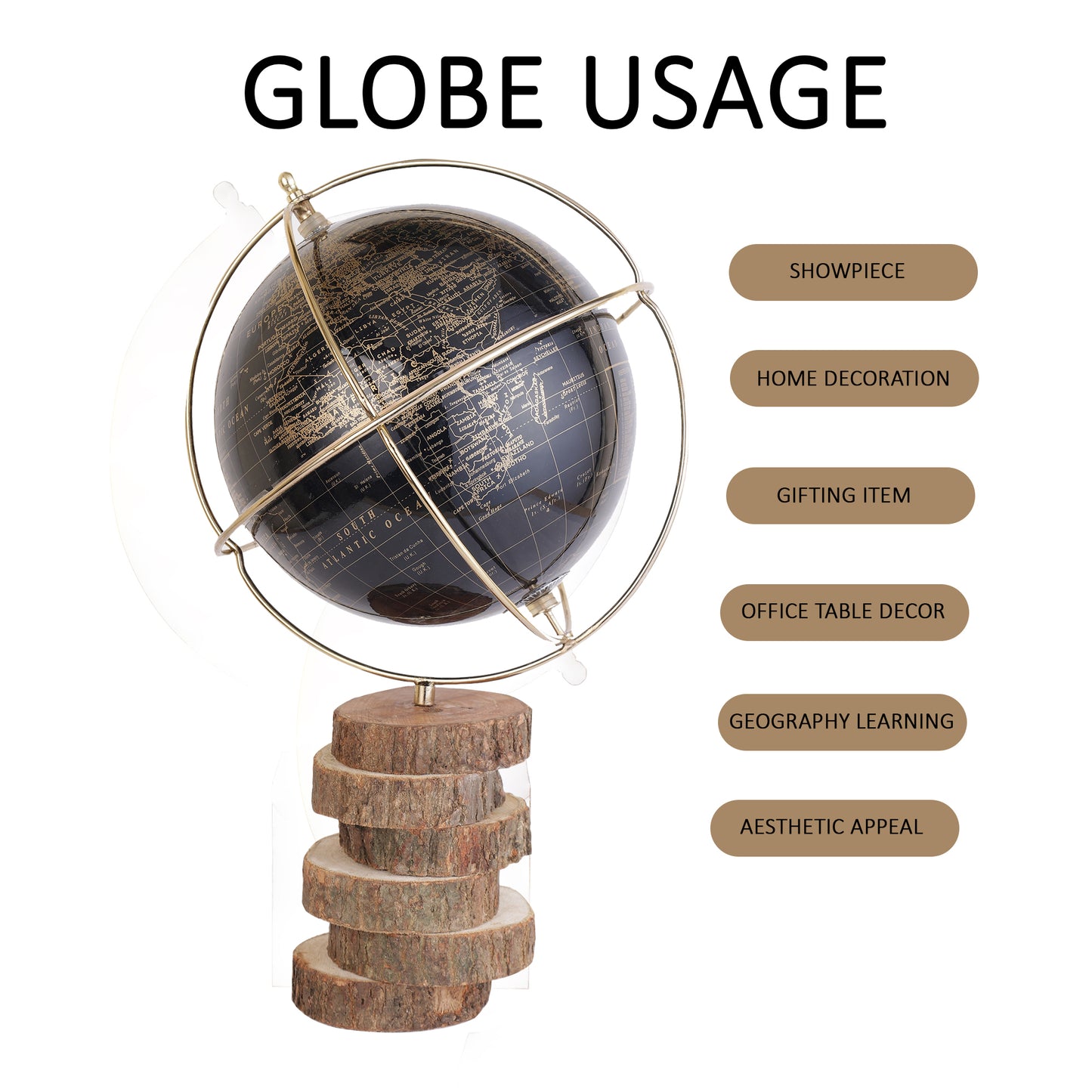 Aesthetic World Globe with Gold Ring and Natural Barktree Base