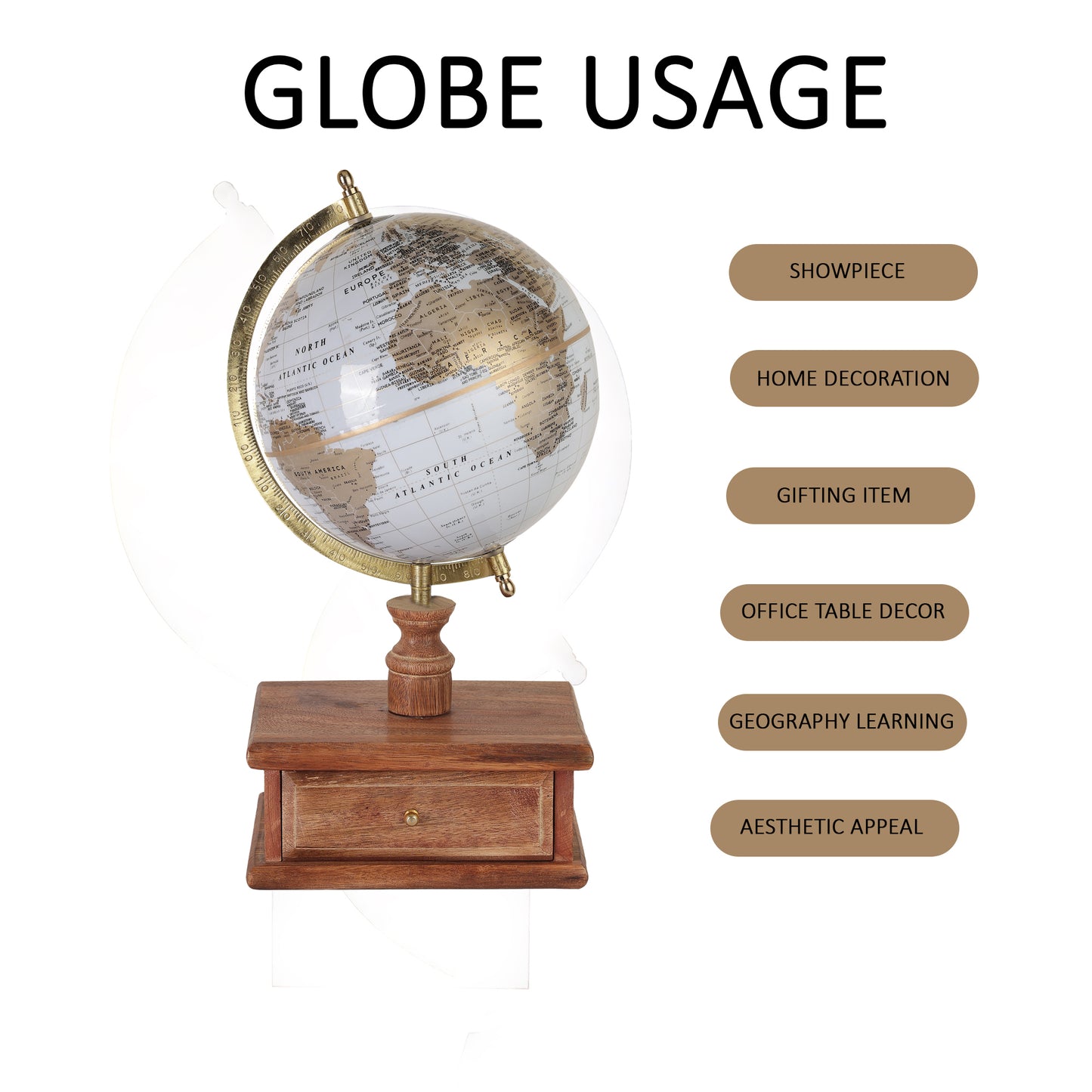 White Gold World Globe with Wooden Drawer Base