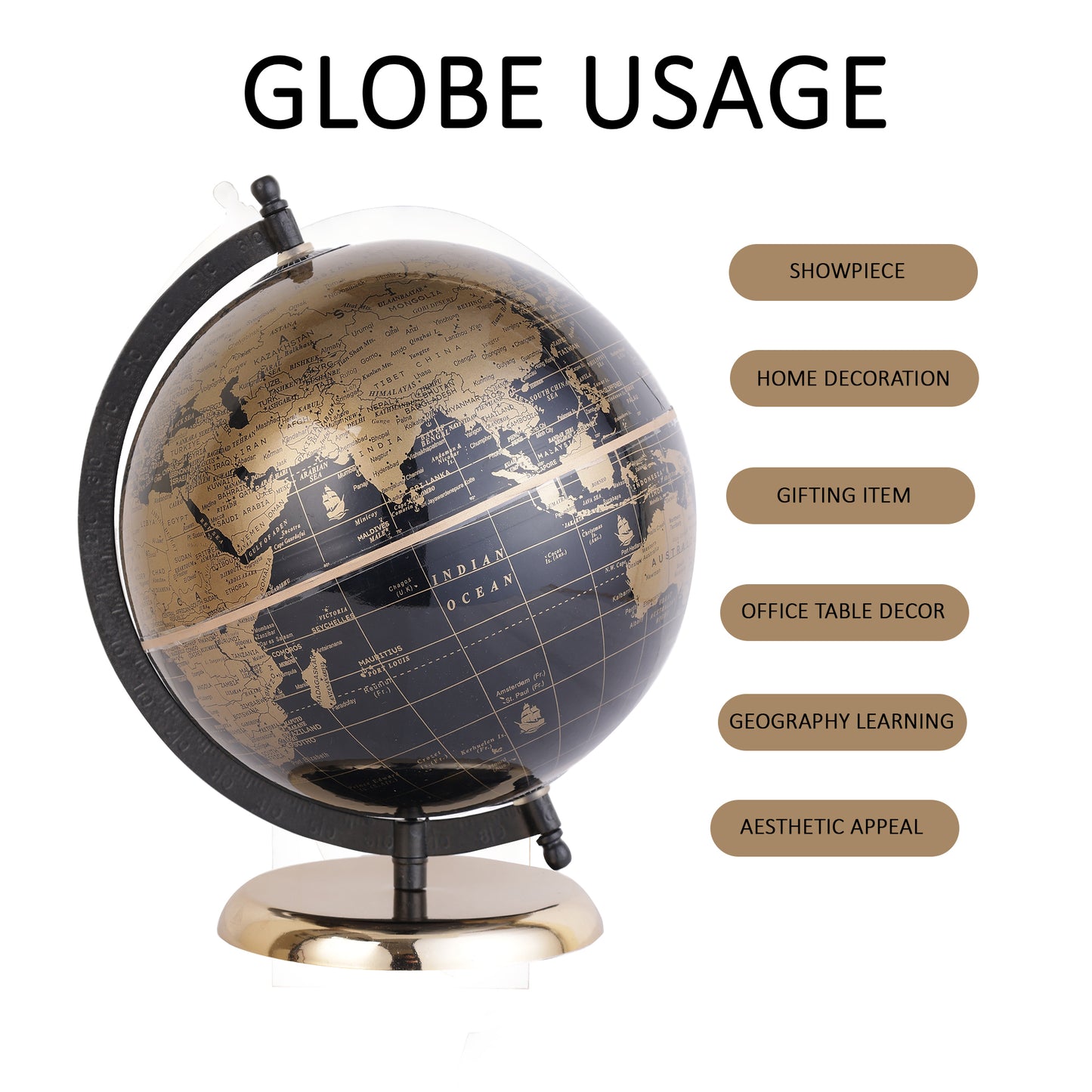 8 Inch Rotating World Globe with Metal Arc Base