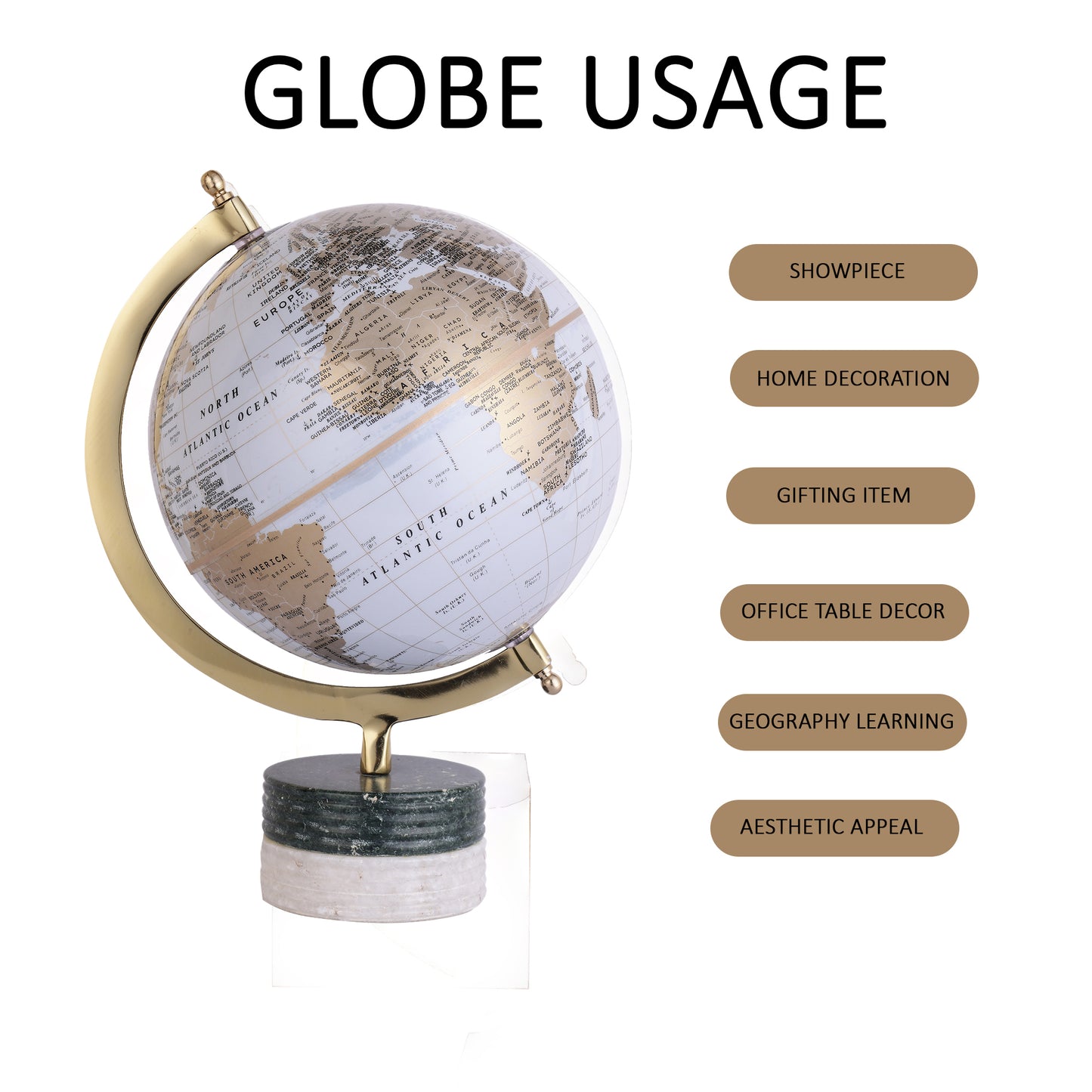 World Globe with Aluminium Arc and Marble Base