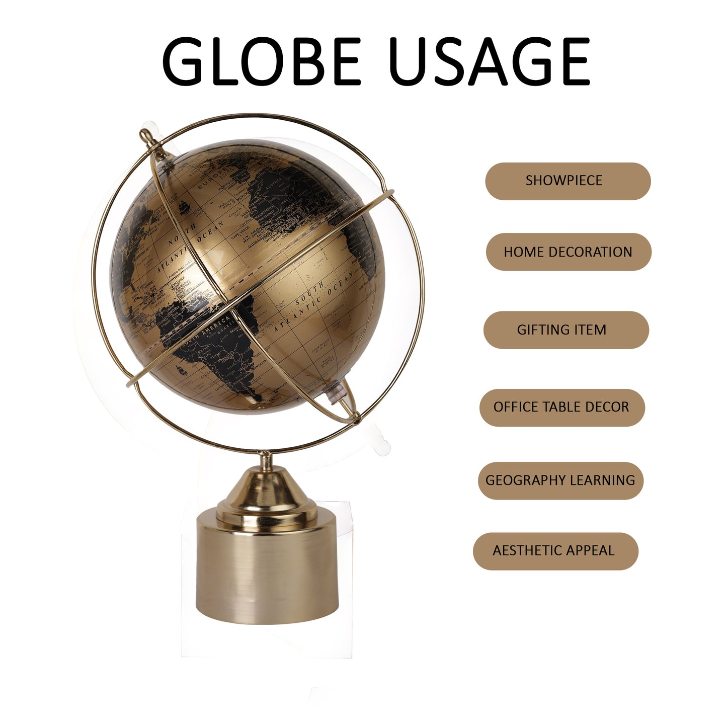 World Globe with Gold Ring and Metal Cylinder Base