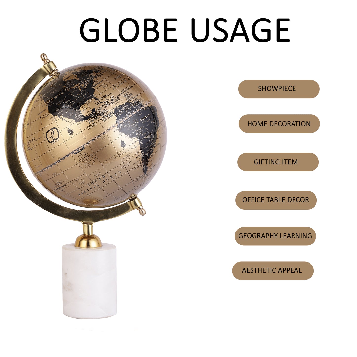 Tall Rotating World Globe with Aluminium Arc and Marble Base