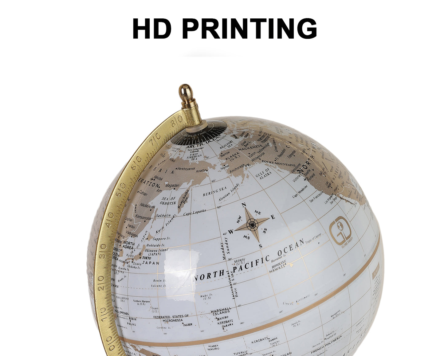 White Gold World Globe with Wooden Drawer Base