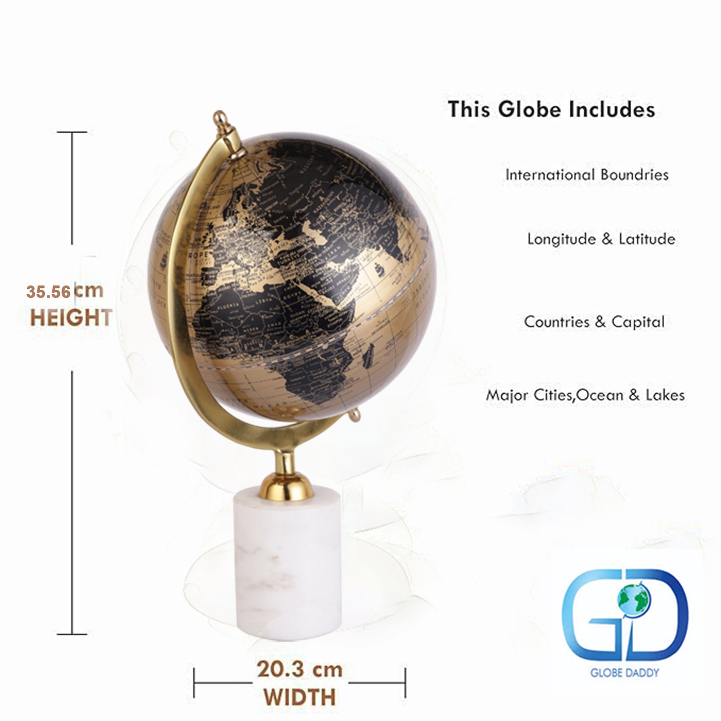 Tall Rotating World Globe with Aluminium Arc and Marble Base