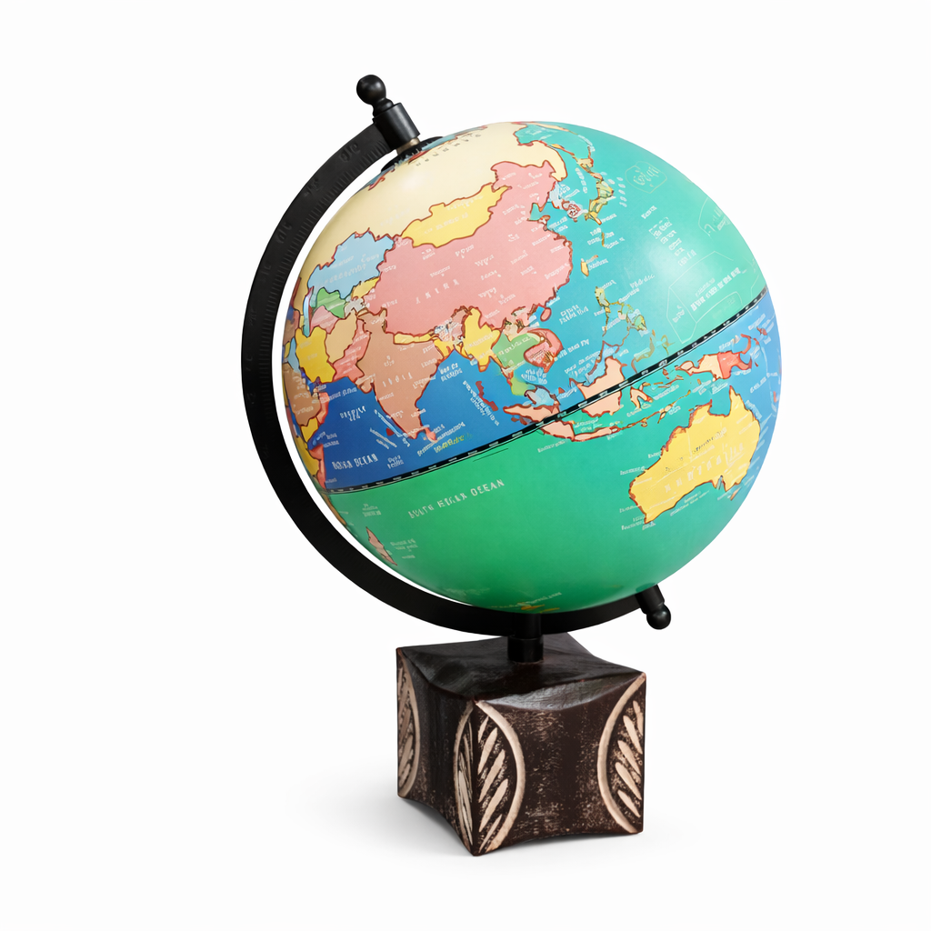 Green Political World Globe with Black Meridian and Decorative Wooden Base