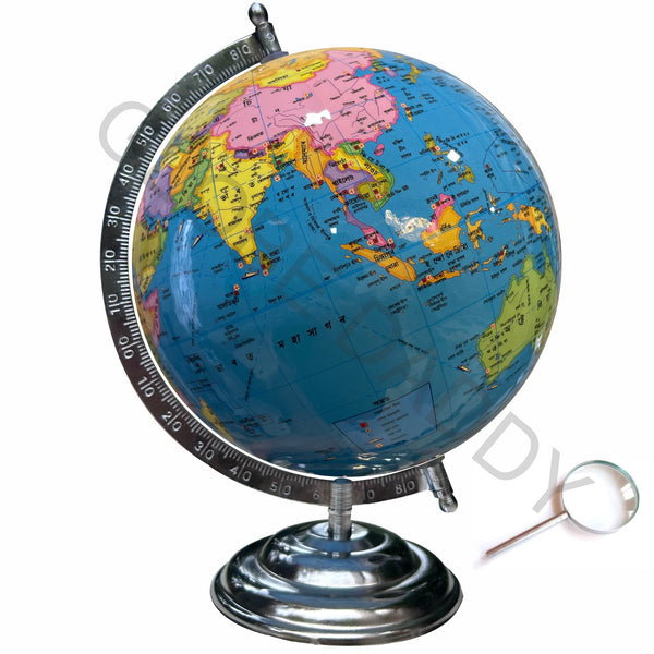 Blue 8 inch Educational Assamese Rotating World Globe with Metal Chrome Stand
