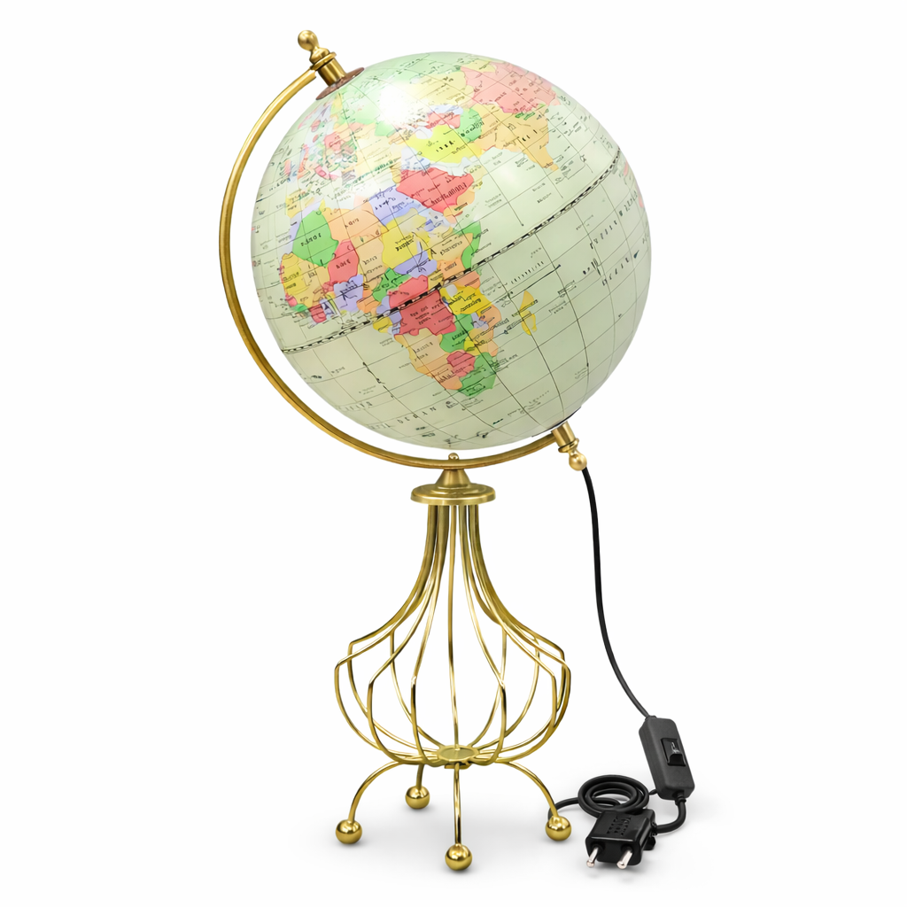 Illuminated Pastel Mint Political World Globe with Gold Wire Frame Stand