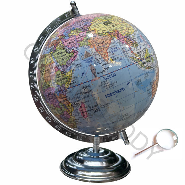 Blue 8 inch Educational Kannad Rotating World Globe with Metal Chrome Stand