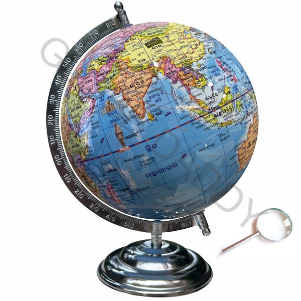 Blue 8 inch Educational Odia Rotating World Globe with Metal Chrome Stand