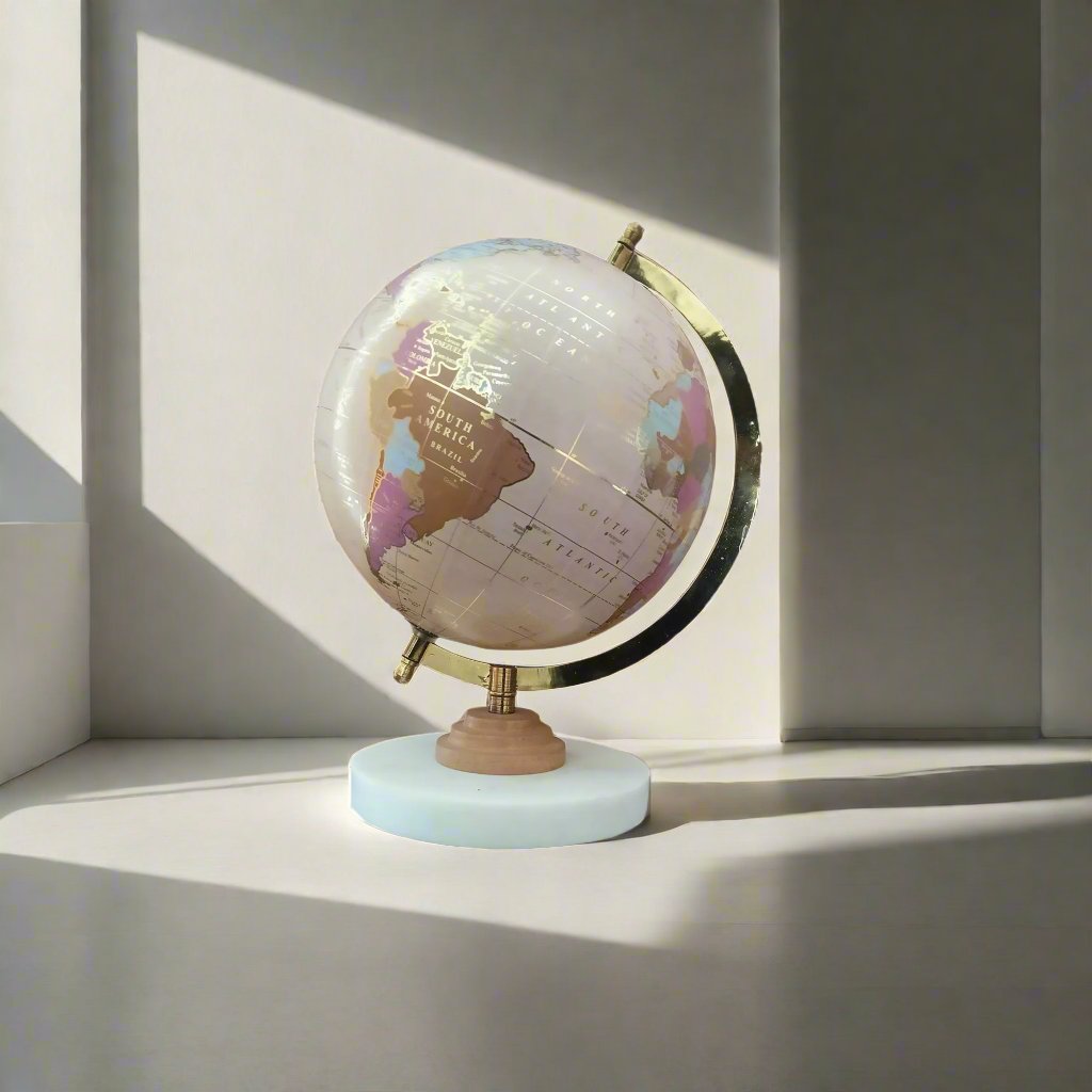 Cream & multicolour 8 inch Home Decor Rotating World Globe with Marble and Wooden Stand