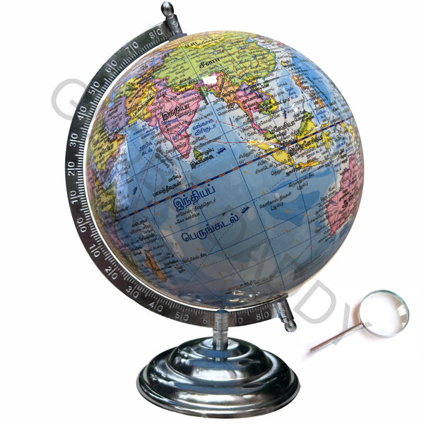 Blue 8 inch Educational Tamil Rotating World Globe with Metal Chrome Stand
